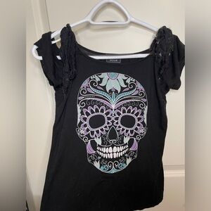 Hot Topic Candy skull off the shoulder t-shirt